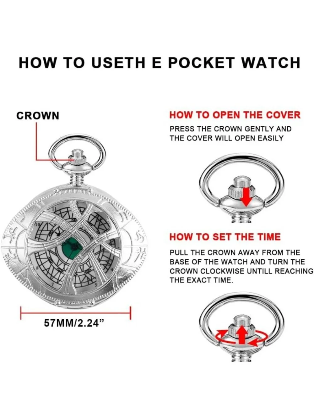 Men's Silver Analog Quartz Green Eyes Shape Pendant Necklace Round Pocket Watch